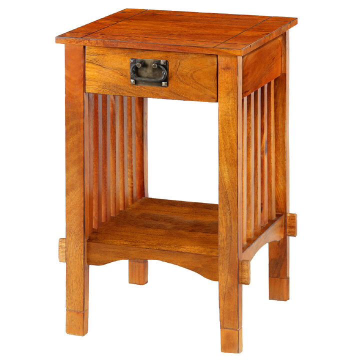 Spacious Mango Wood Telephone Stand with Slatted Side Panels, Brown