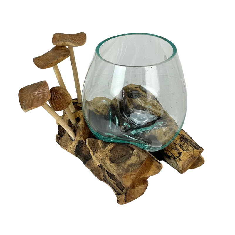 Handcrafted Glass Vase with Teak Driftwood and Wood Mushroom Embellishments image number 0