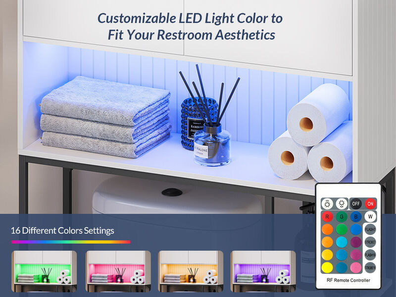 BELLEZE Over The Toilet Storage Cabinet with LED Light, Freestanding Above Toilet Rack with Adjustable Shelf, Bathroom Space Savers Anti-Tipping Device Included - Murano (White)