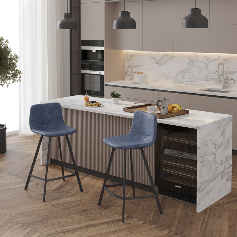 Elland Modern Upholstered Leather Bar Stool With Black Iron Legs & Footrest