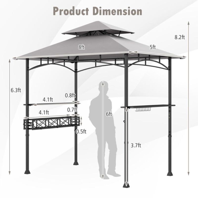 Hivvago 8 x 5 FT Outdoor Grill Gazebo with 2 Side Shelves and 20 Hooks