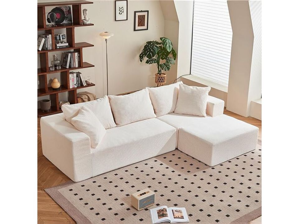 108" L Shaped Boneless Sectional Sofa Beige Corduroy Modular Couch with Ottoman