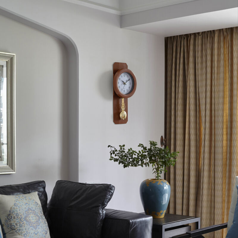 Wood-Look Pendulum Plastic Wall Clock, Farmhouse Decor for Living Room, Kitchen, or Dining Room, Silent Clock with Roman Numerals, Battery Powered, Large Decorative Wall Clock, Easy-to-Read, Black