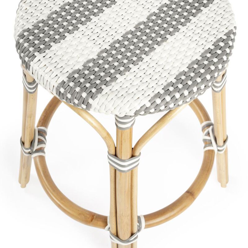 Butler Specialty Tobias Rattan Round 24 Counter Stool, Gray and White Stripe
