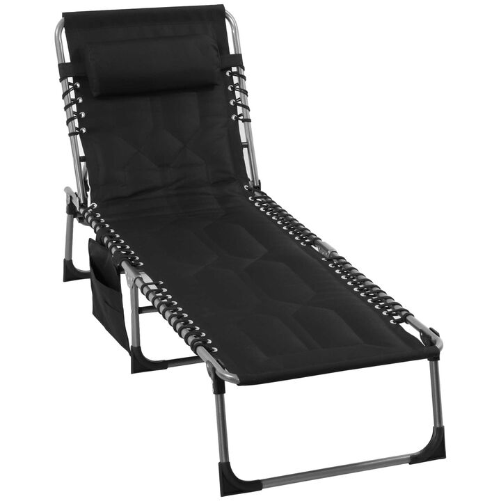 Outsunny Padded Folding Chaise Lounge Chair, Outdoor 6-Level Reclining Camping Tanning Chair with Headrest for Beach, Yard, Patio, Pool, Black