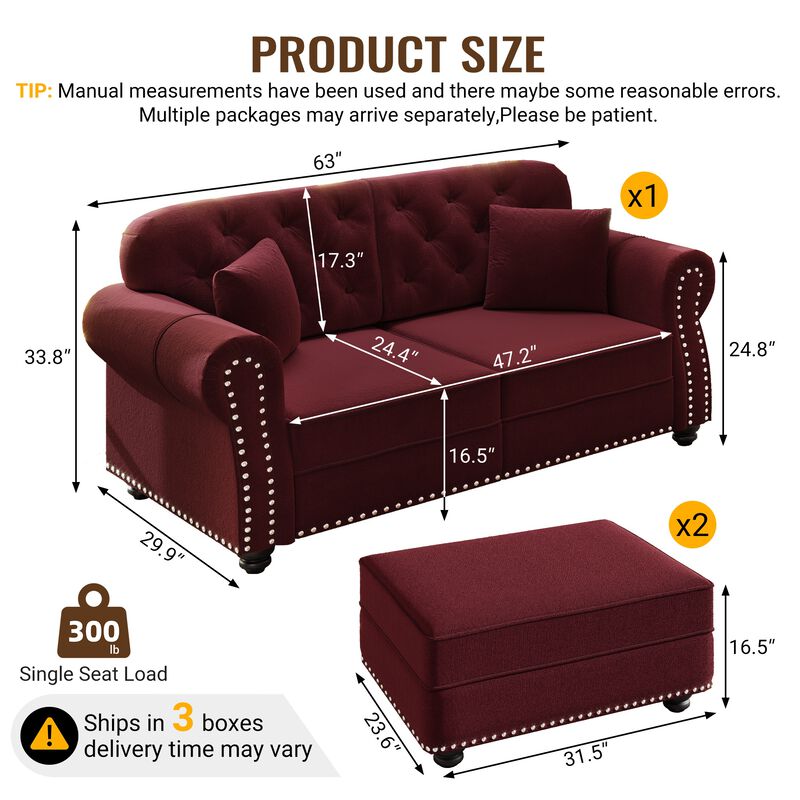 Whisen 2 Seat Velvet Upholstered Sofa with 2 Ottomans, Nailhead Trim, Mid-Century Modern, for Living Room image number 9