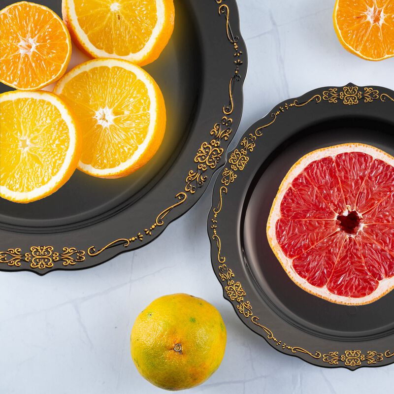 Black with Gold Vintage Rim Round Plastic Dinnerware Value Set (120 Sets) image number 8
