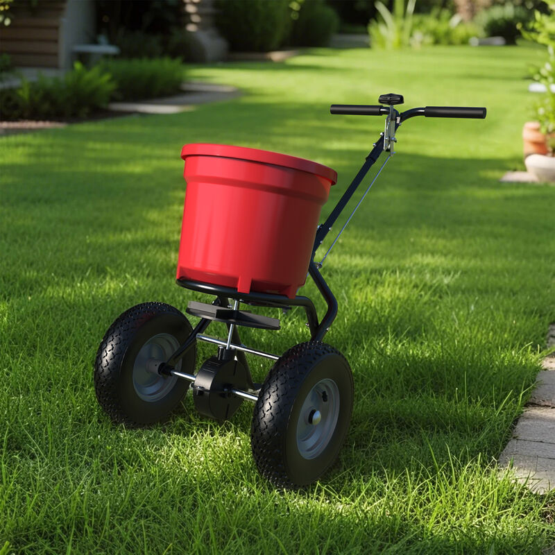 FUFU&GAGA 50lb Walk-Behind Spreader &ndash; Durable Red Frame, Adjustable Feed Control, Rubber Pneumatic Tires, (21.6" L x 12.4" W x 32.7" H), Red image number 2