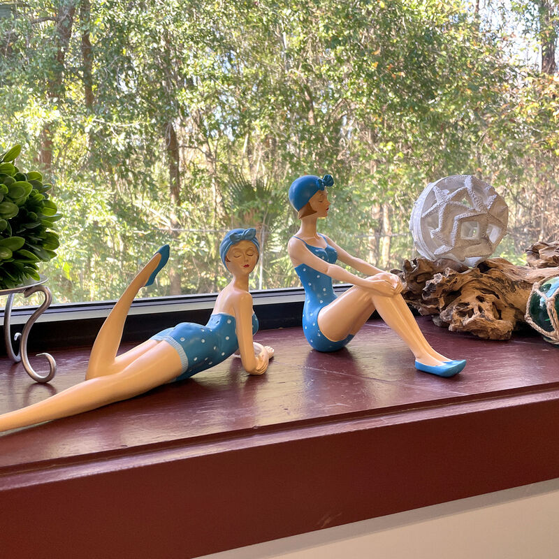 Set of 2 Beach Beauties Sunbathing Figurines Blue Polka Dot Coastal Decor image number 7