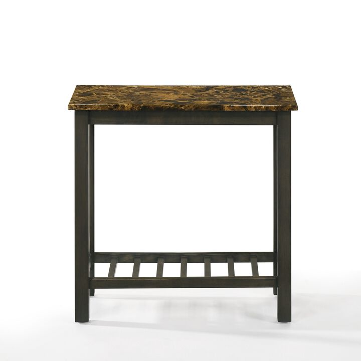 Elena 24 Inch Narrow Side Table, Lower Slatted Shelf, Faux Marble, Espresso - Benzara