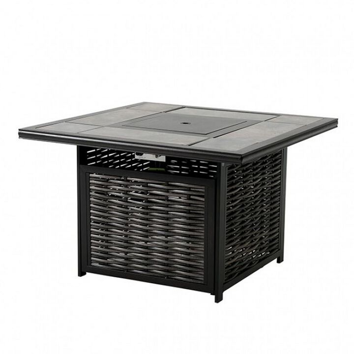 Oroz 40 Inch Square Outdoor Fire Table, Gray Ceramic Top, Black Faux Wicker - Benzara