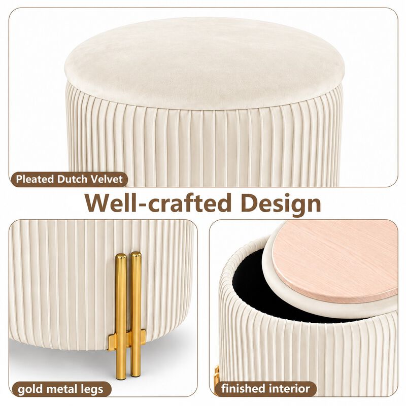 Off-White Round Velvet Storage Ottoman with Reversible Tray Lid, Gold Metal Legs image number 5