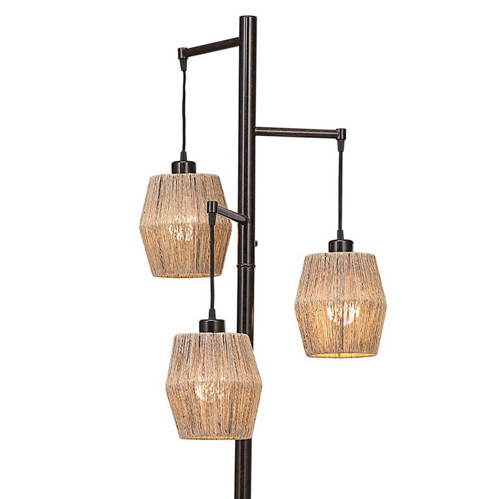 Stalk Design Metal Floor Lamp with 3 Hanging Rope Shade, Bronze-Benzara