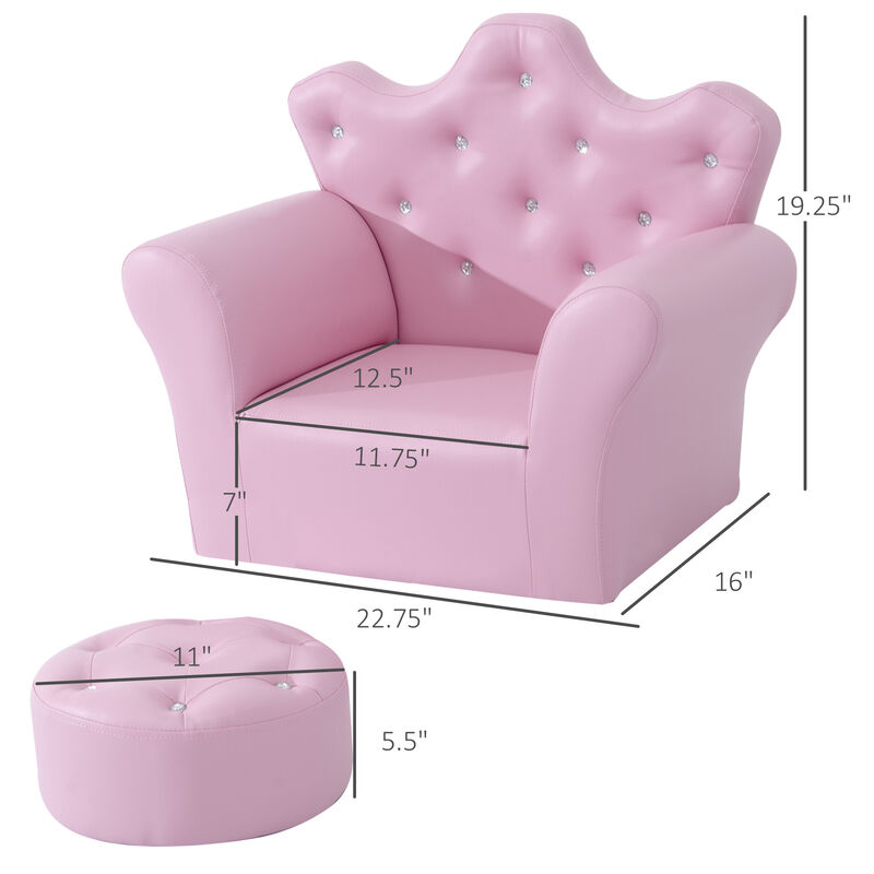 Kids Sofa Set with Footstool, Princess Sofa with Diamond Decoration, Pink