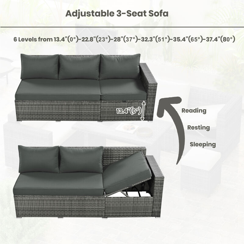 Outdoor 6-Piece All Weather PE Rattan Sofa Set, Garden Patio Wicker Sectional Furniture Set with Adjustable Seat, Storage Box, Removable Covers and Tempered Glass Top Table,Grey