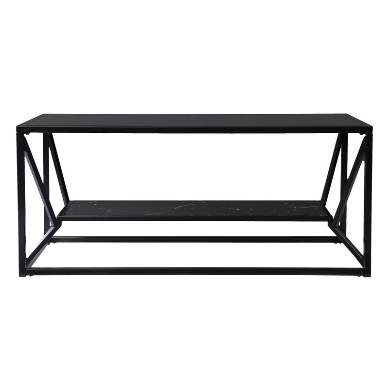 Hivvago 42 Inch  Black Glass Faux Marble And Metal Coffee Table With Shelf