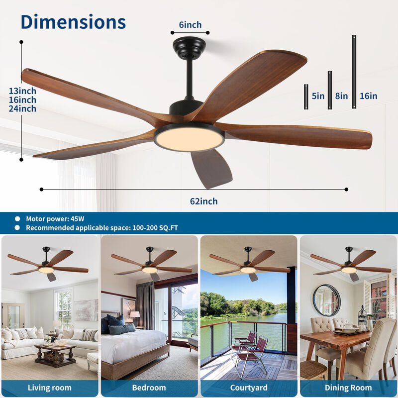 ELEMENT ACE 62-Inch Large Ceiling Fan with Remote Control, Three-Color Dimming Light, 5 Reversible Blades for Garden, Patio, Living Room and Bedroom image number 2