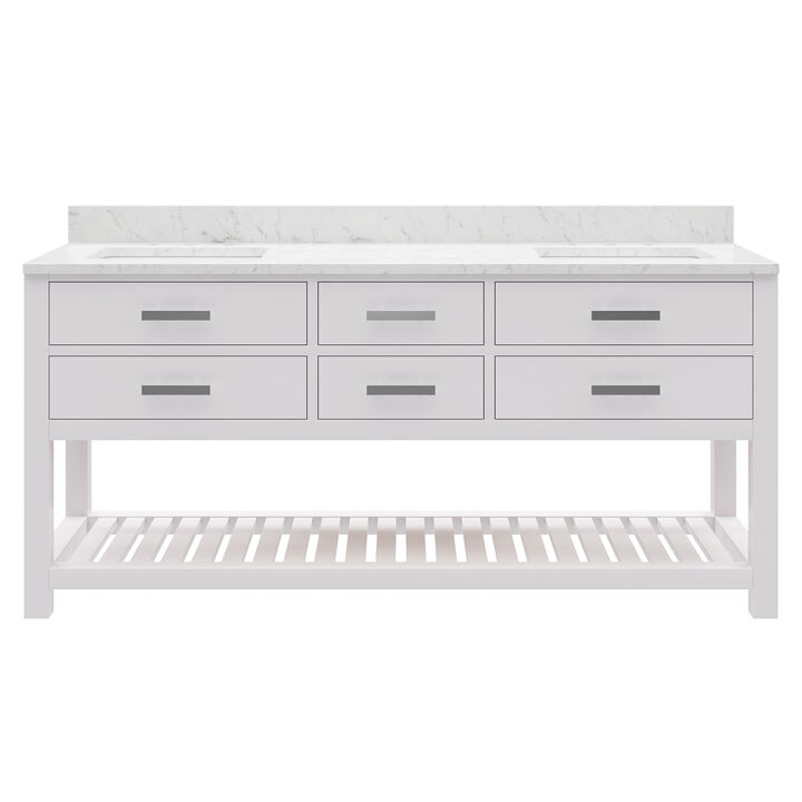 Madalyn 72 In. Double Sink Carrara White Marble Countertop Bath Vanity in Pure White