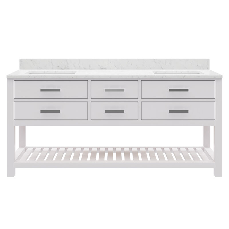 Madalyn 72 In. Double Sink Carrara White Marble Countertop Bath Vanity in Pure White