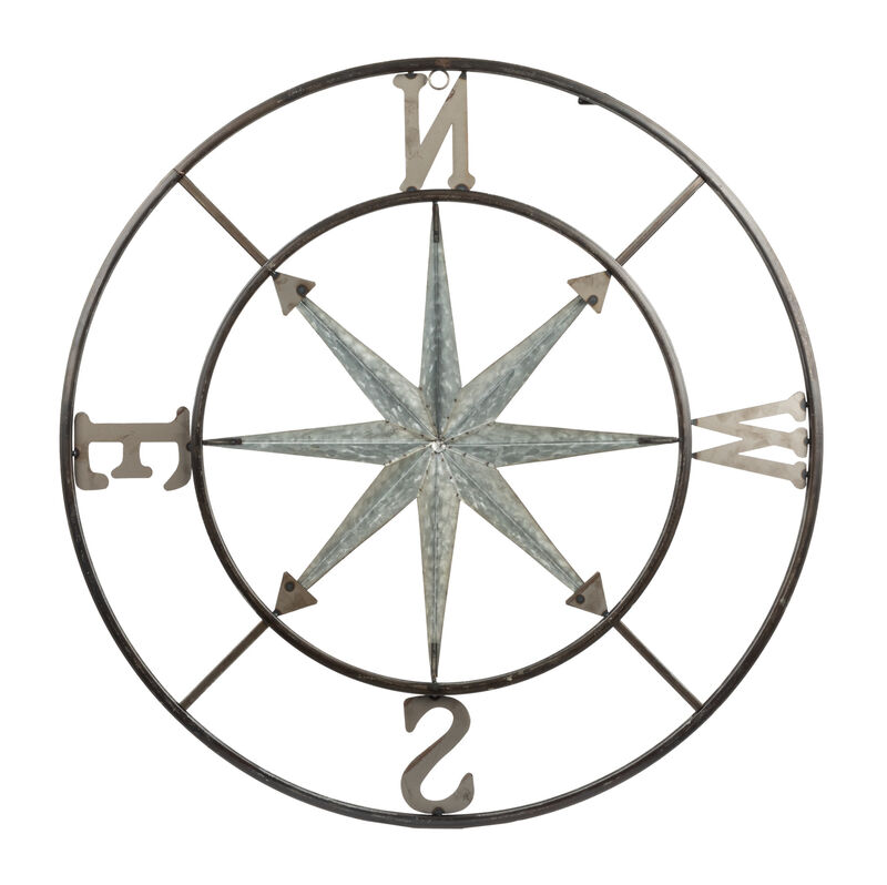 Round Metal Compass Wall D&eacute;cor, Distressed Silver Finish image number 3
