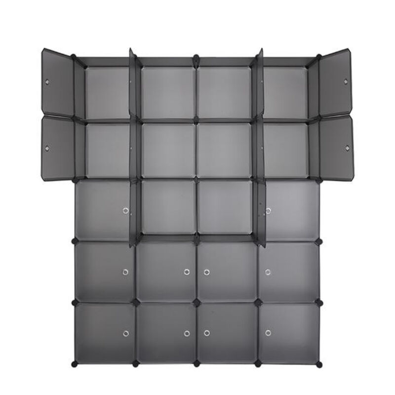Multi-Functional 20-Cube Plastic Storage Shelves, Modular Closet Organizer with Hanging Rod & Doors