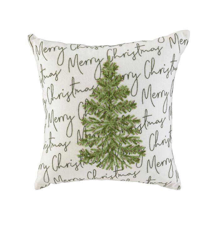 HomeRoots 18" White And Green Cotton Merry Christmas Throw Pillow With Embroidery