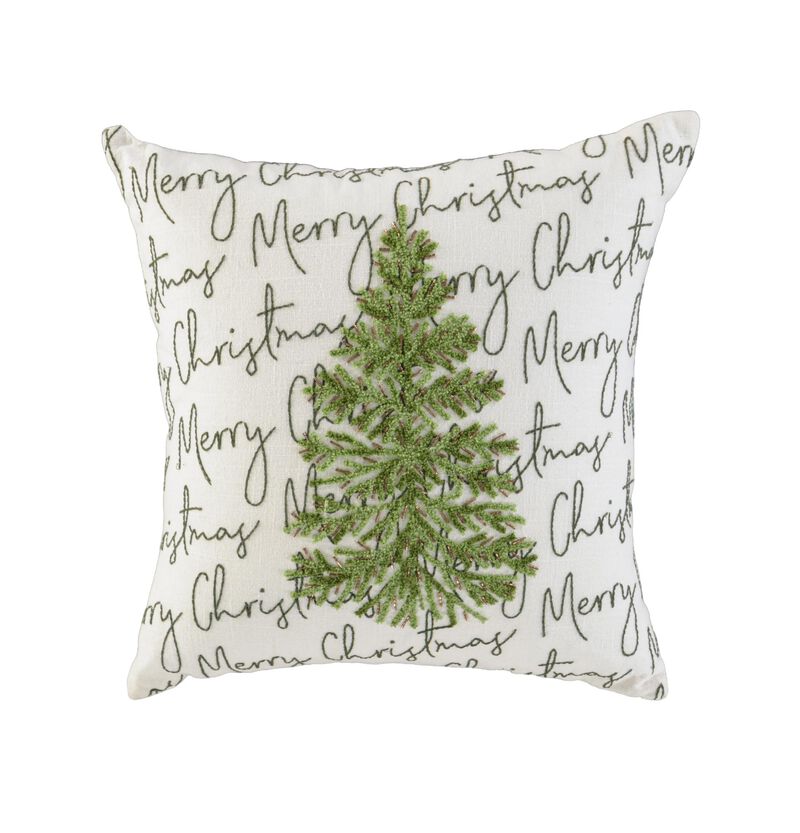 HomeRoots 18" White And Green Cotton Merry Christmas Throw Pillow With Embroidery image number 0