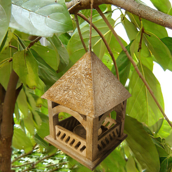 Floral Engraved Decorative Temple Top Mango Wood Hanging Bird House with Feeder, Brown-Benzara