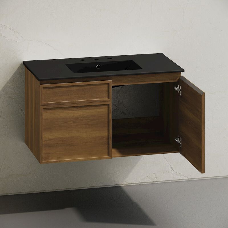 36" Wall-Mounted Bathroom Vanity in Brown Oak, Black 3-Hole Widespread Sink Top image number 3