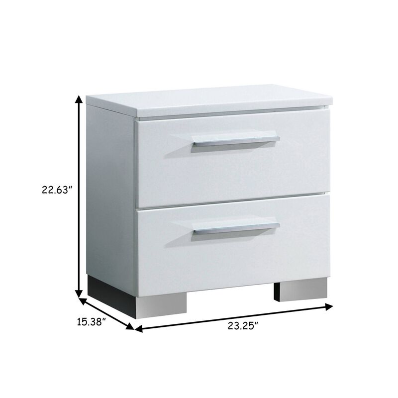 2 Drawer Wooden Nightstand with Metal Pulls, Glossy White-Benzara