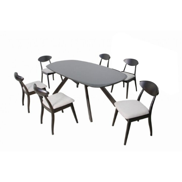 Ziva 7pc Dining Table Set, 6 Fabric Chairs, 3D Cut Edges, Black Wood - Benzara