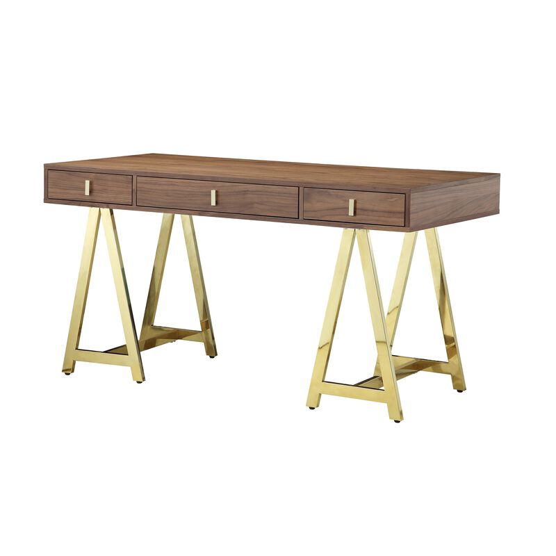Ile 55 Inch Desk with 3 Storage Drawers, Brown Wood Veneer, Gold Metal - Benzara