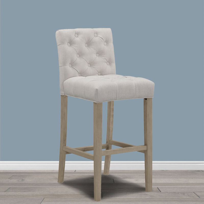 Glamour Home Set of 2 Alee Beige Fabric Bar Stool with Tufted Buttons and Wood Legs