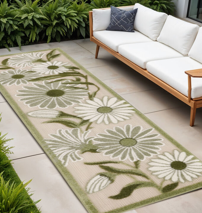 HomeRoots 8' Ivory And Green Floral Indoor Outdoor Runner Rug