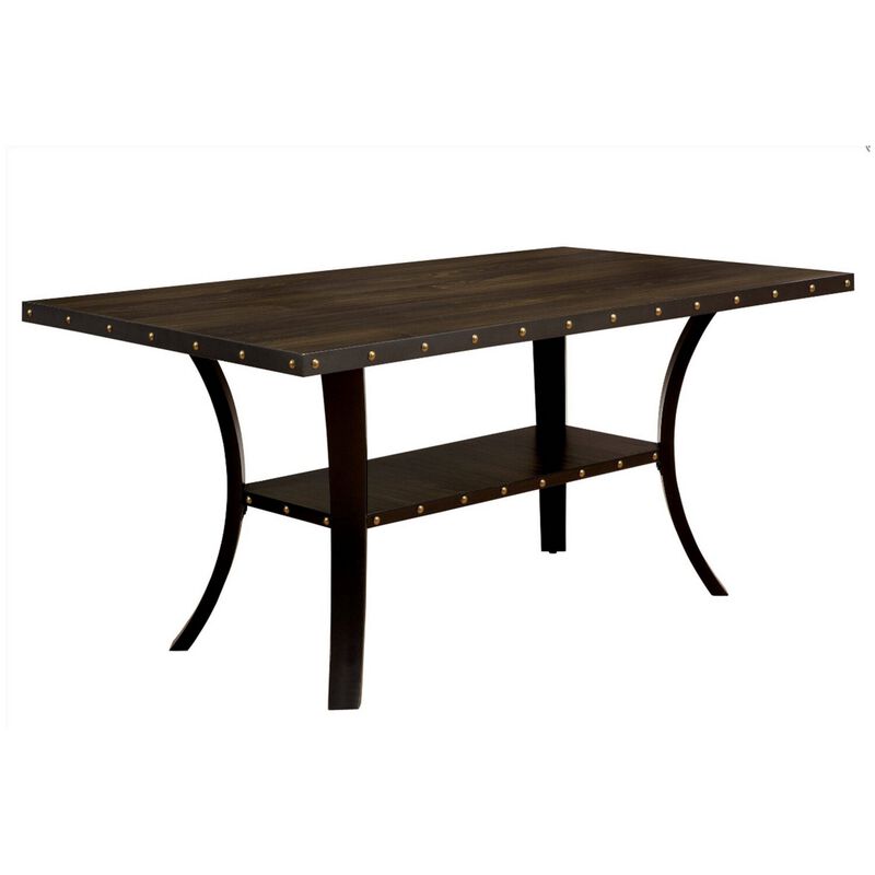 Transitional Wooden Dining Table with Nailhead Trim and Open Shelf, Brown-Benzara