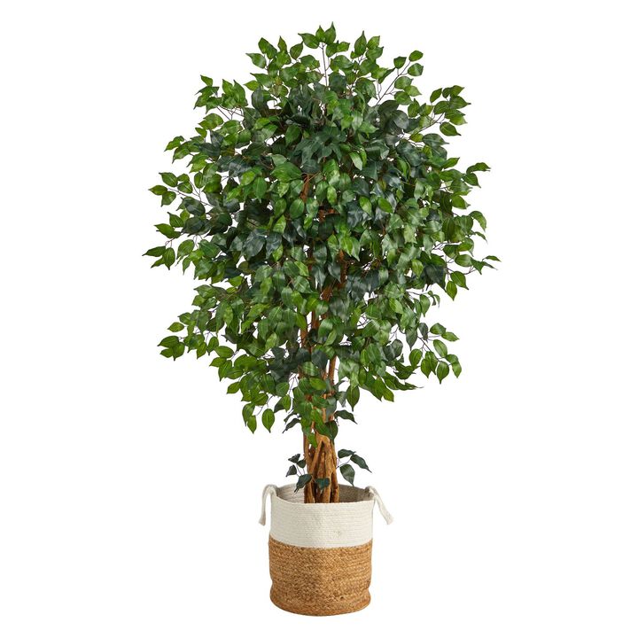 Nearly Natural 5.5-in Palace Ficus Tree in Natural Jute and Cotton Planter