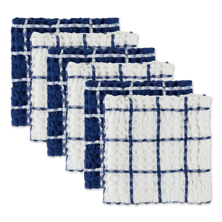 Set of 6 Blue Windowpane Oversized Washed Waffle Dishcloths 12"