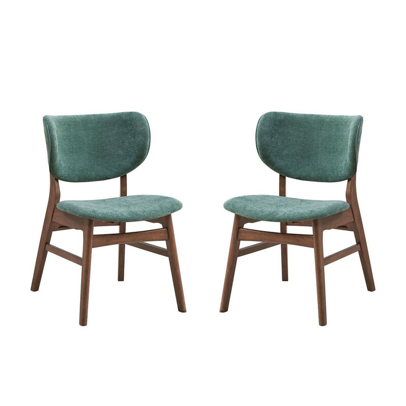 Evis 23 Inch Side Dining Chair Set of 2, Walnut Brown, Soft Green Fabric - Benzara