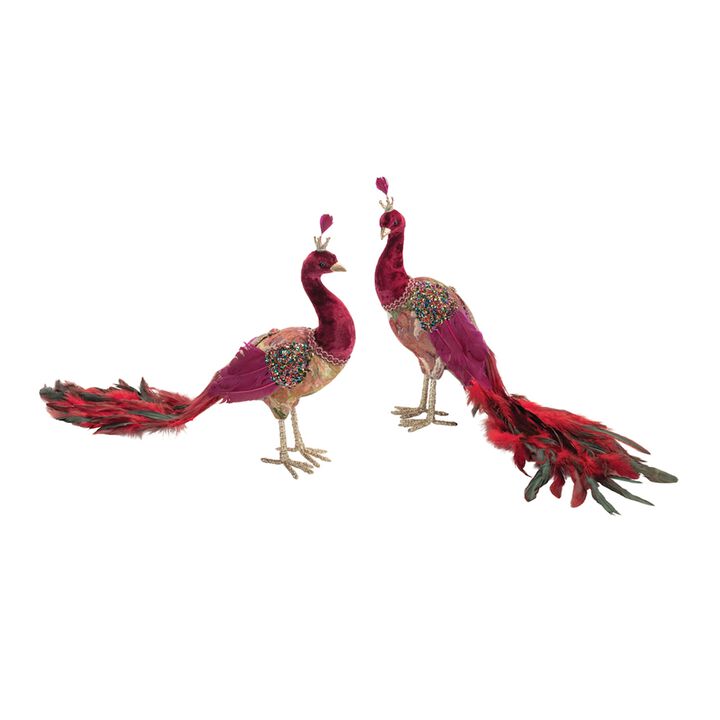 Set of 2 Beaded Royal Peacock Shelf Sitters for Holiday Mantel or Table Display