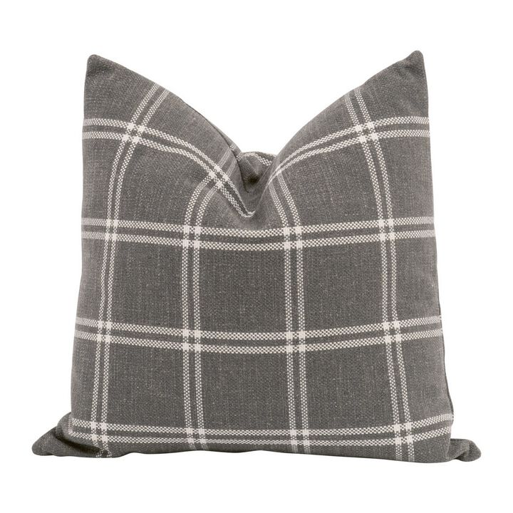 Veya 22 Inch Set of 2 Accent Throw Accent Pillows, Down, White Plaid, Gray - Benzara