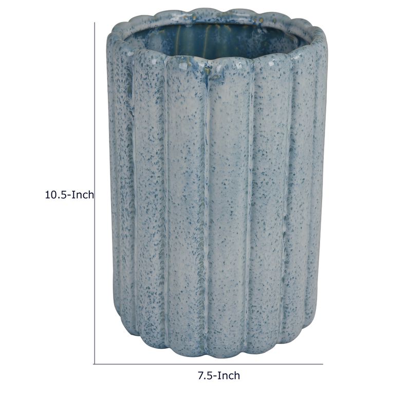 Scalloped Planter, Cylindrical Shape, Speckled Blue Ceramic 11 Inch image number 7