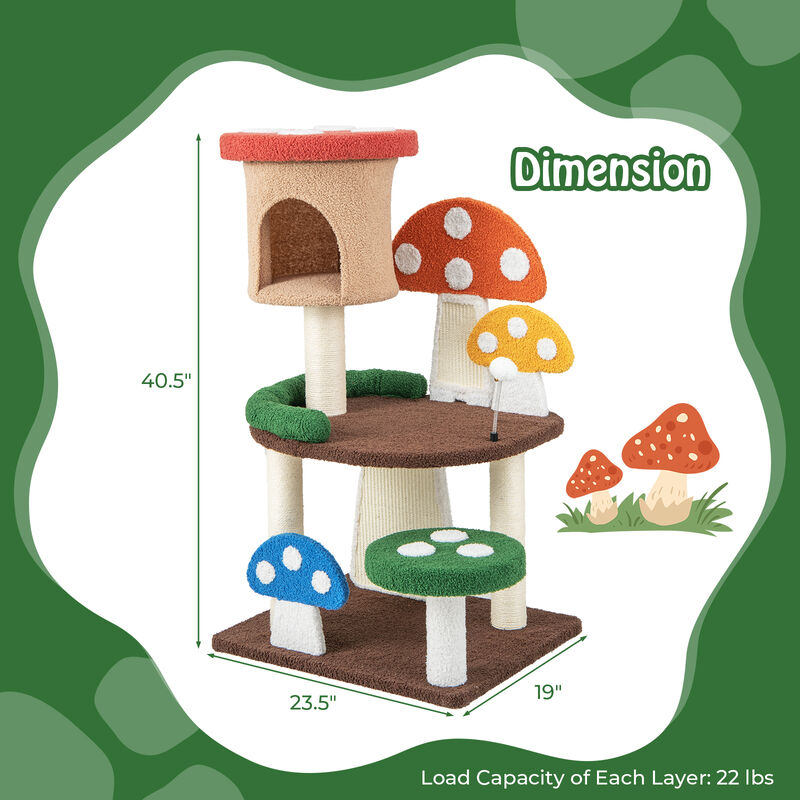 4-In-1 Mushroom Cat Tree with Condo Spring Ball and Sisal Posts