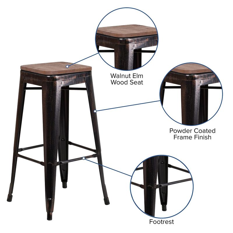 Flash Furniture Lily 30" High Backless Black-Antique Gold Metal Barstool with Square Wood Seat image number 3