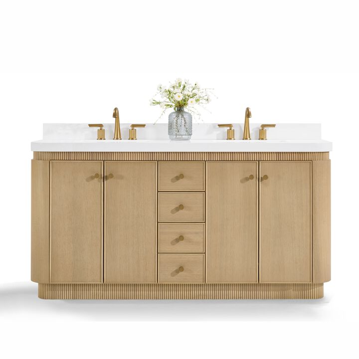Aston 72 inch Bath Vanity Set in American Oak Finish with Alpine White Quartz Top