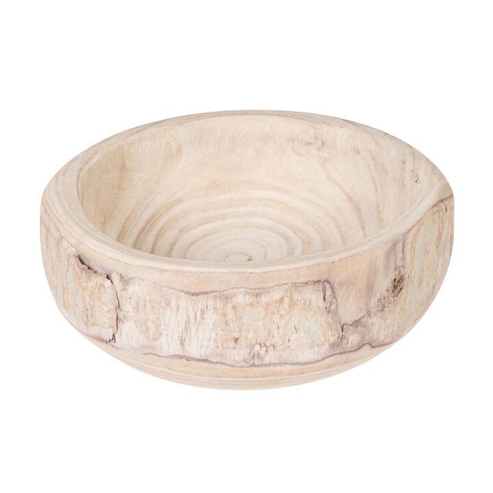 Decorative Hand-Carved Paulownia Wood Bowl, Whitewashed