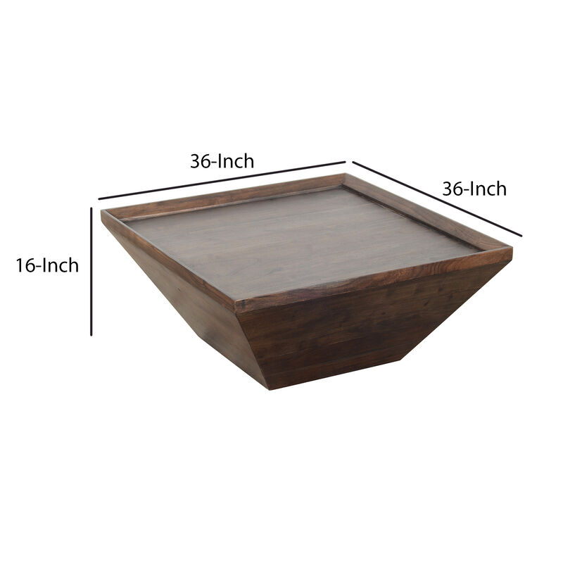 36 Inch Square Shape Acacia Wood Coffee Table with Trapezoid Base, Brown-Benzara