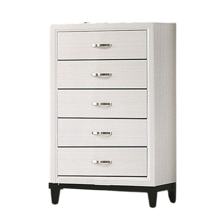 Erica Tall Dresser Chest, 5 Drawers Chrome Bar Handles, White Wood