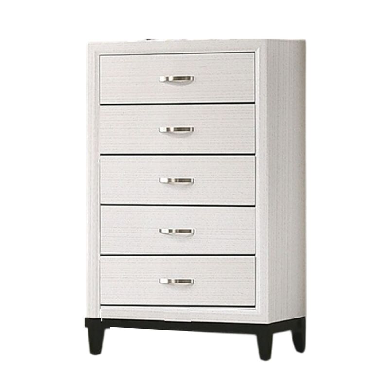 Erica Tall Dresser Chest, 5 Drawers Chrome Bar Handles, White Wood