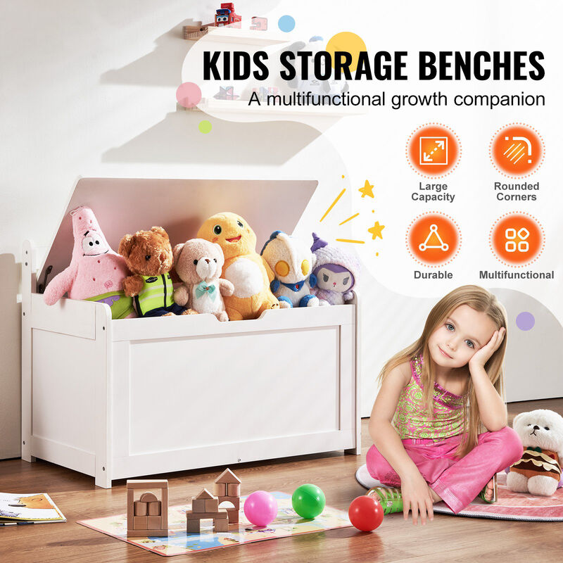 Wooden Toy Chest with Flip-Top Lid and Safety Hinge for Kids' Room or Playroom