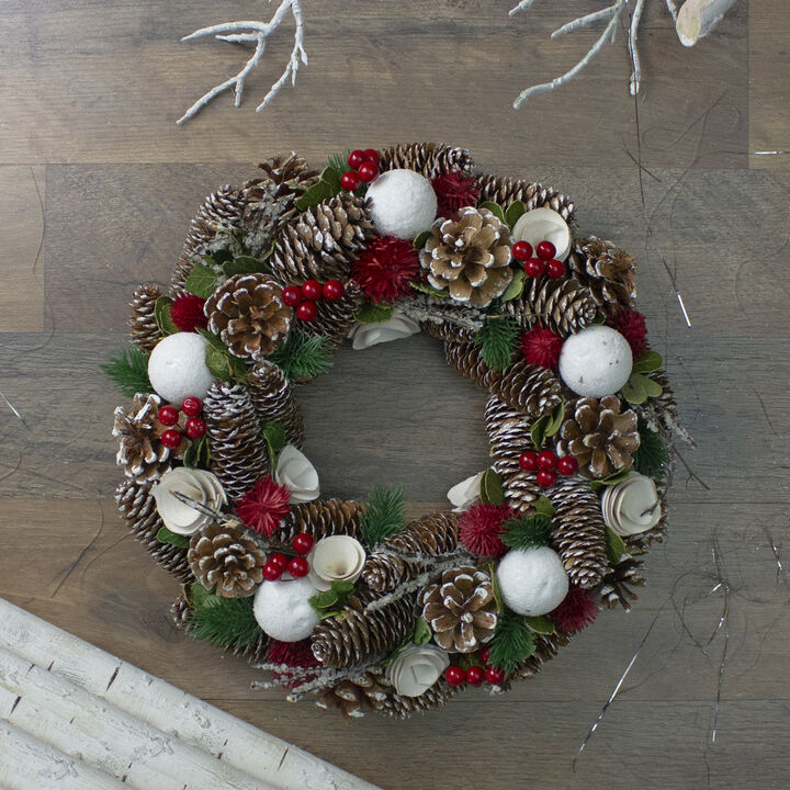 White Wooden Rose and Pine Cone Artificial Christmas Wreath 13.5-Inch  Unlit